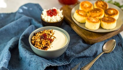 Assorted desserts laid out on a blue cloth, with spoon and wooden board accents