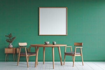 A modern dining area with a blank framed print
