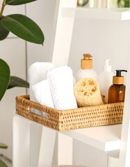 White towels and bath products in woven basket