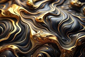Fototapeta premium Luxurious abstract swirling black and gold texture with organic flowing waves and metallic sheen