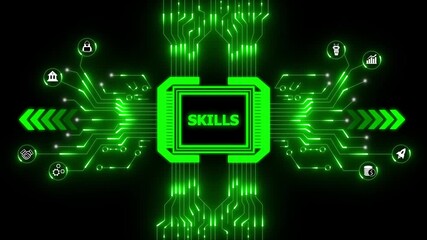 Digital skills concept with glowing circuit board and business icons technology learning. Technology digital skills with AI learning and data analytics. Futuristic business growth concept. - Powered by Adobe