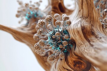 Abstract 3D render of a bioluminescent organism growing within a wooden structure.