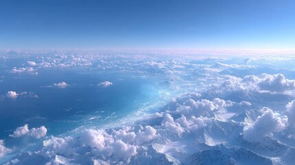 Aerial View of Fluffy White Clouds Under a Blue Sky with Cinematic HDR Lighting and Mountain Ranges