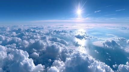 Aerial View of Fluffy White Clouds under a Blue Sky with Sunlight