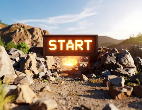 A digital start screen in a rocky landscape