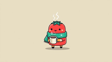 Cute tomato character with hot drink
