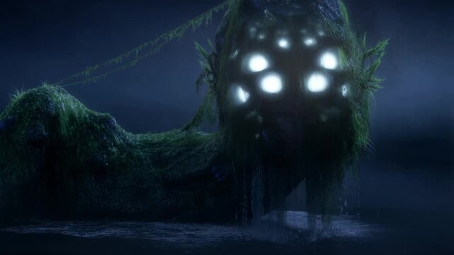 A monstrous creature covered in glowing algae rises slowly from the murky, dark water of a misty lake at night. Atmospheric and suspenseful horror with beautiful yet terrifying lighting