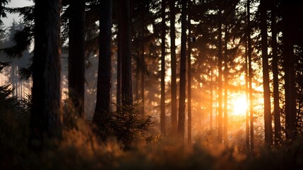Obraz premium Golden sunset rays filter through the tall trees of a serene forest creating a warm and tranquil atmosphere