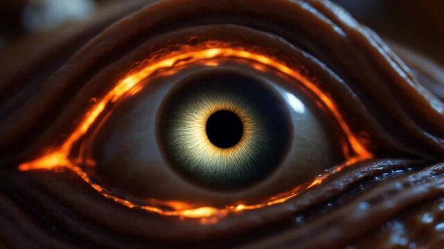 An extreme close-up of a pumpkin monster's eye socket, oozing glowing orange pus around a black, dilating pupil. The hyper-detailed, fibrous texture of rotting pumpkin skin is disgustingly realistic