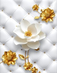 Obraz premium Elegant White and Gold Flowers on Luxurious Tufted Background.