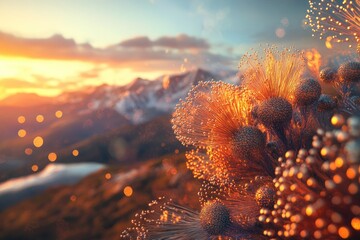 Golden sunset illuminates fantastical bioluminescent flora atop snow-capped mountains.