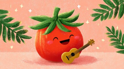 Cute tomato playing ukulele