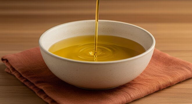 "Liquid Gold: Olive Oil Stream Pouring into a White Ceramic Bowl on a Wooden Kitchen Counter"