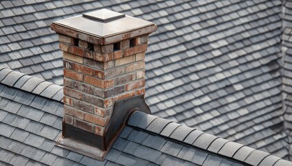 Brick chimney on a gray shingled roof