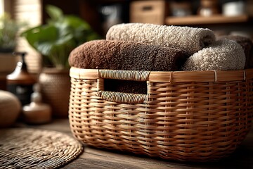 Obraz premium Wicker basket with neatly folded towels high resolution picture