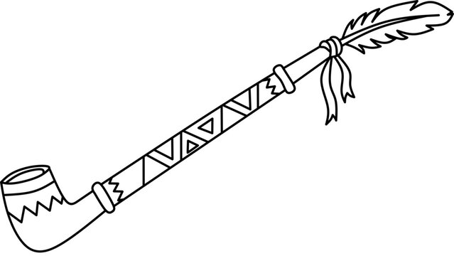 Peace Pipe Traditional Calumet Drawing. Native American Culture Symbol Line Art - vector