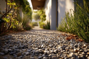 Sunny gravel path between gardens