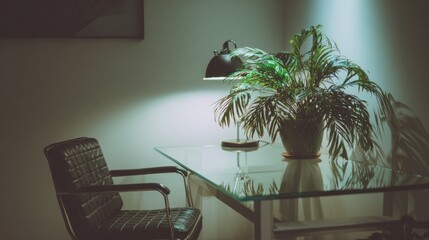 Dark room interior plant desk