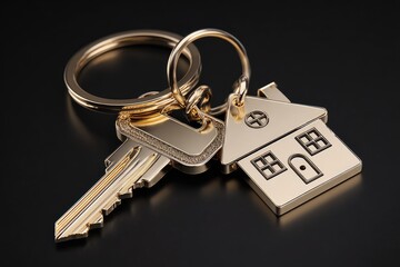 Golden house-shaped keychain with keys on a black surface