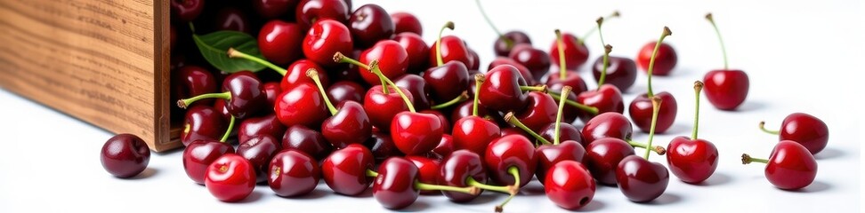 Spilled fresh organic cherries overflowing from a wooden box, isolated on white, antioxidant, fruit
