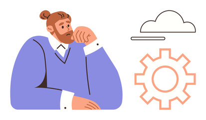 Man with beard and bun in blue sweater thinking, surrounded by a cloud and gear. Ideal for creativity, innovation, brainstorming, problem-solving, future planning, strategy self-reflection. Simple