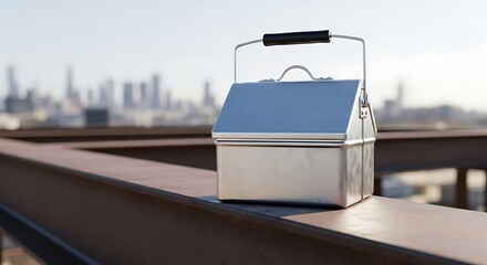 Fototapeta premium Classic Metallic Lunchbox with Blue Lid on Industrial Beam, Blurred Urban Skyline Backdrop.