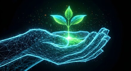 Digital wireframe hands cupping a small glowing green plant sprout. Concept of protecting life, agricultural technology, and bio-future.