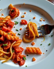 A messy plate with remnants of a delicious pasta dinner, a few stray noodles clinging to the side, a used fork resting nearby, noodles, gastronomy, restaurant