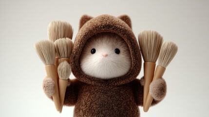 Fluffy cat artist with paintbrushes