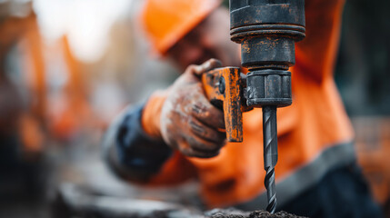 A worker operates a drilling rig for ground boring hyper realistic drill bits with clear details moody shadows on the soil bright saturation in drilling equipment ground