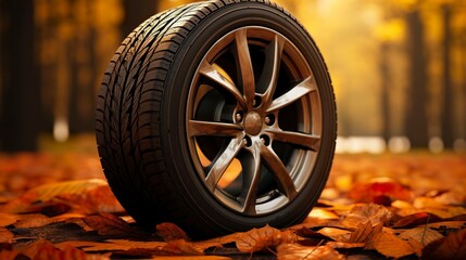 A photo of a tire with autumn leaves
