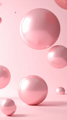 Floating pink metallic spheres on pastel background with minimal abstract 3D geometric composition