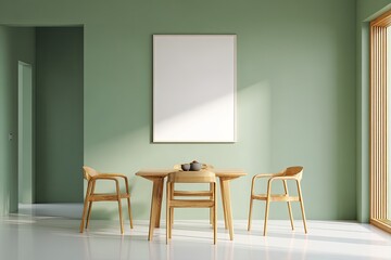Minimalist dining room scene with a blank canvas