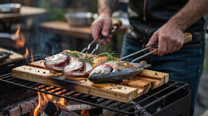 Man grills fish on a cedar plank for extra flavor