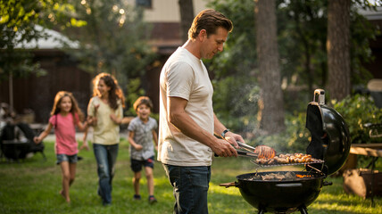 Man tends the barbecue while kids play nearby