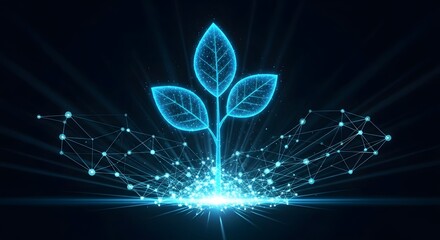 Digital blue glowing plant growing from the earth with a connected polygonal network. Concept of bio-technology, digital life, and agricultural innovation.