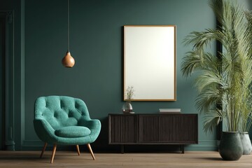 Teal room with armchair, mirror, and cabinet