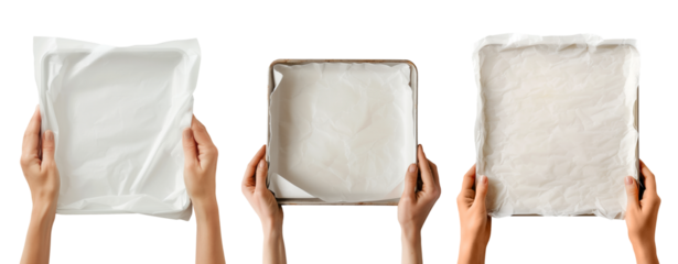 Set of hands hold a blank baking tray with a white parchment paper, top view, isolated on a transparent background.