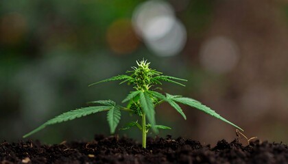 Small, leafy green plant with bud growth emerging from dark soil, blurred background