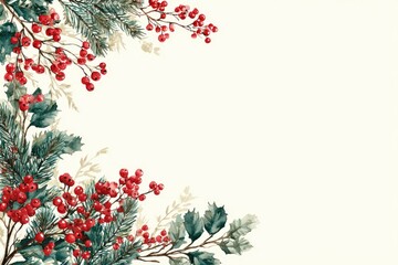 Watercolor Christmas border with berries and pine