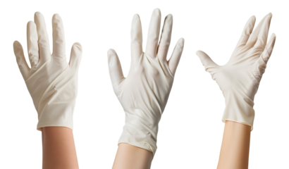 Set of hand holding a white latex glove, isolated on a transparent background.