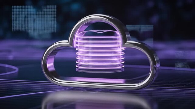 Abstract Cloud Computing Icon with Silver Outline and Purple Interior Data Structure on Futuristic Digital Background