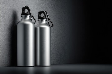 Two silver water bottles on a dark background