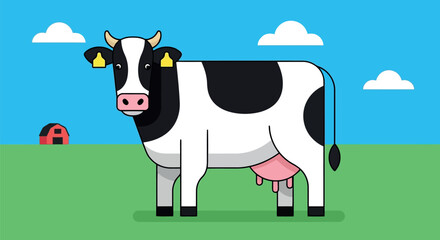 This delightful cartoon depicts a classic black and white cow with pink ears and a pink nose. It stands proudly in a lush green field, with a hint of a red barn in the distance and a clear blue sky 