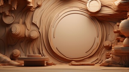 Abstract Wooden Circular Art Installation with Geometric Elements in Warm Tones