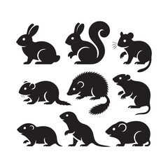 Vector art of collection of rodent silhouettes, featuring a rat, mouse, squirrel, rabbit, and hedgehog in a vector format