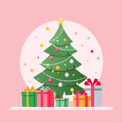 Christmas composition. Christmas tree with pile of presents, new year minimal concept