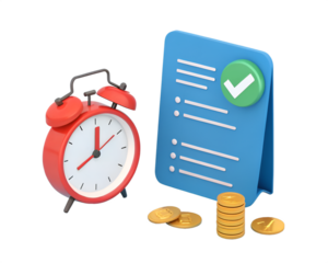 Red alarm clock blue checklist with green checkmark and gold coins red clock to do list