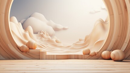 Futuristic Wooden Circular Window with Cloud and Mountain Scene Abstract Artistic Design