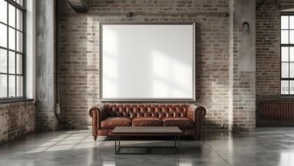 Fototapeta premium Industrial loft interior with massive white blank frame and modern rustic decor